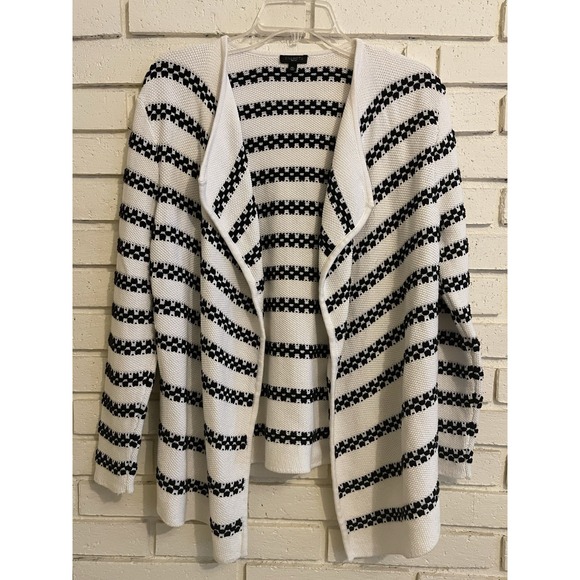 Talbots Sweaters - Talbots Cardigan Women‎ Medium Petite Black White Striped Open Knit Sweater